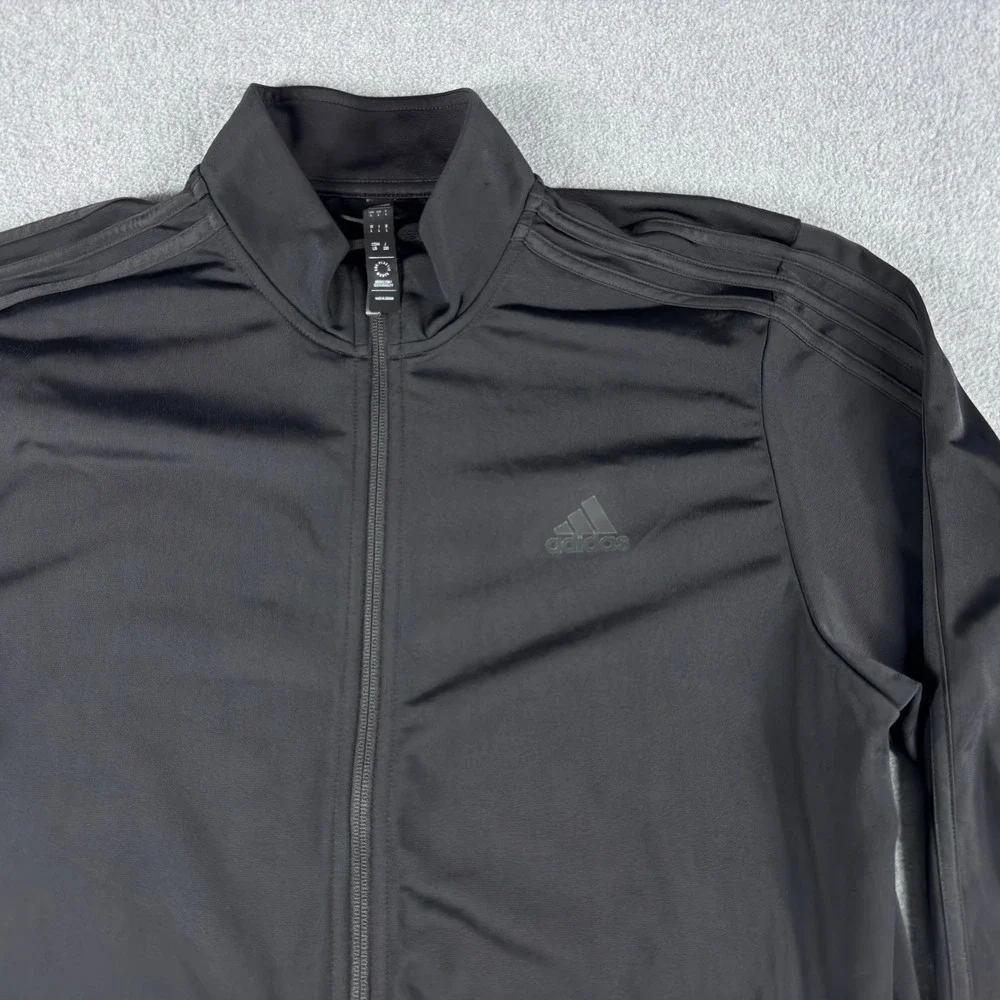 Adidas Track Jacket Mens L Black 3-Stripes Full Zip Mock Neck Pockets